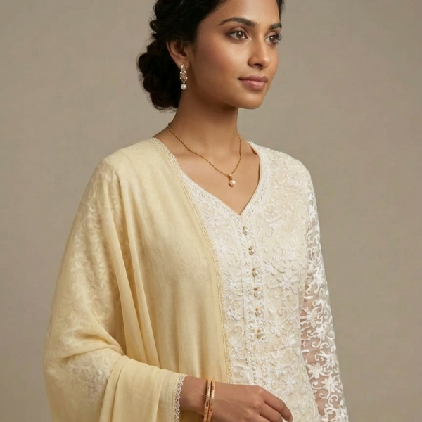 Embroidered Bodice Crinkle Gown