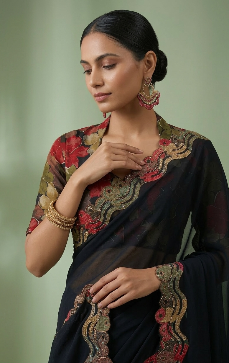 Midnight Scallop Minsara Designer Saree