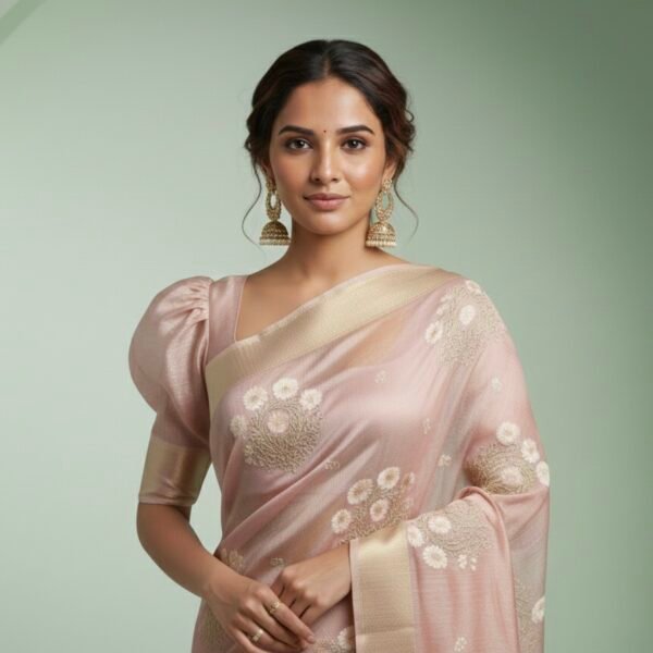 Rose Gold Saree With White Floral Motifs