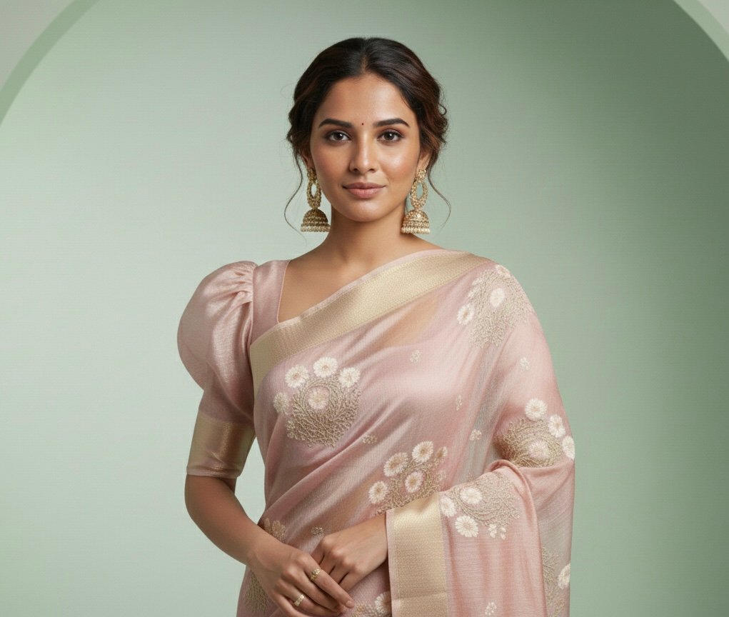 Rose Gold Saree With White Floral Motifs