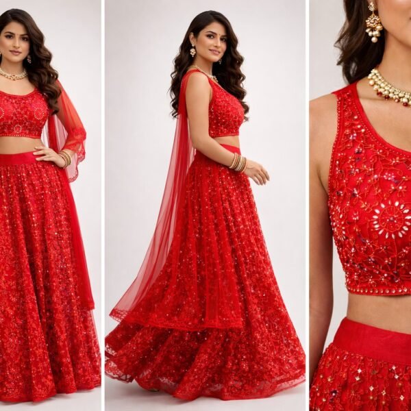 Red Sequin and Threadwork Lehenga Choli