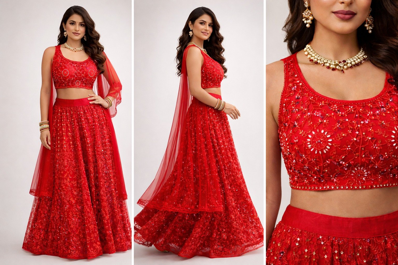 Red Sequin and Threadwork Lehenga Choli
