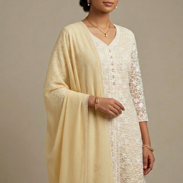 Beige Long Lehenga With a Front Slit and Button Detailing