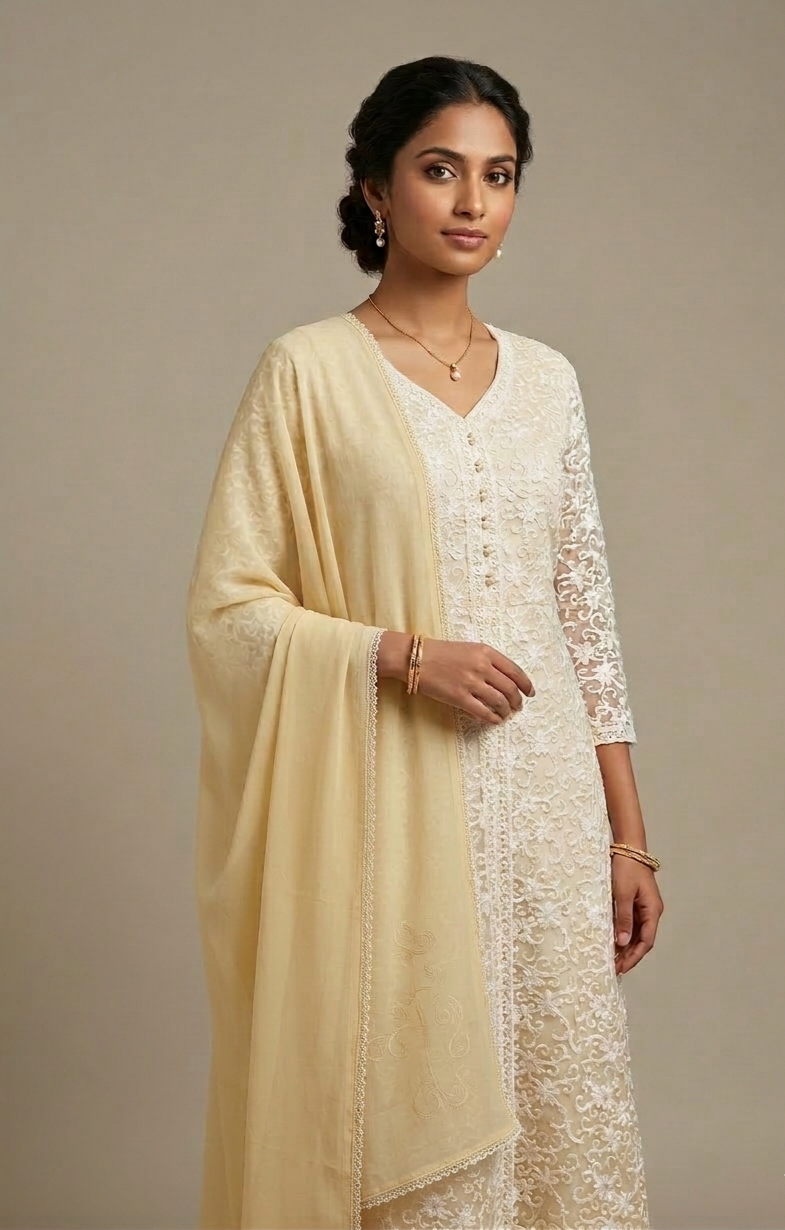 Beige Long Lehenga With a Front Slit and Button Detailing