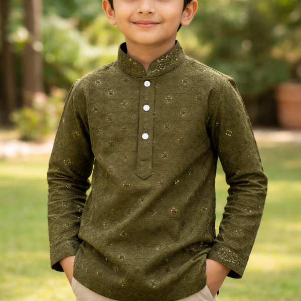 Dark Olive Traditional Embroidered Kurta