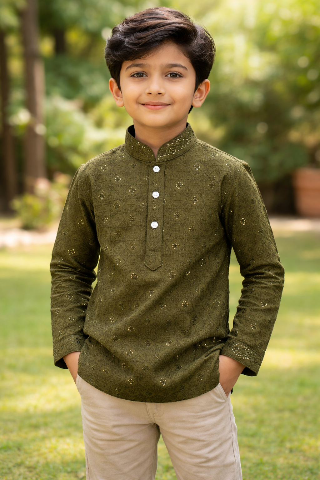 Dark Olive Traditional Embroidered Kurta