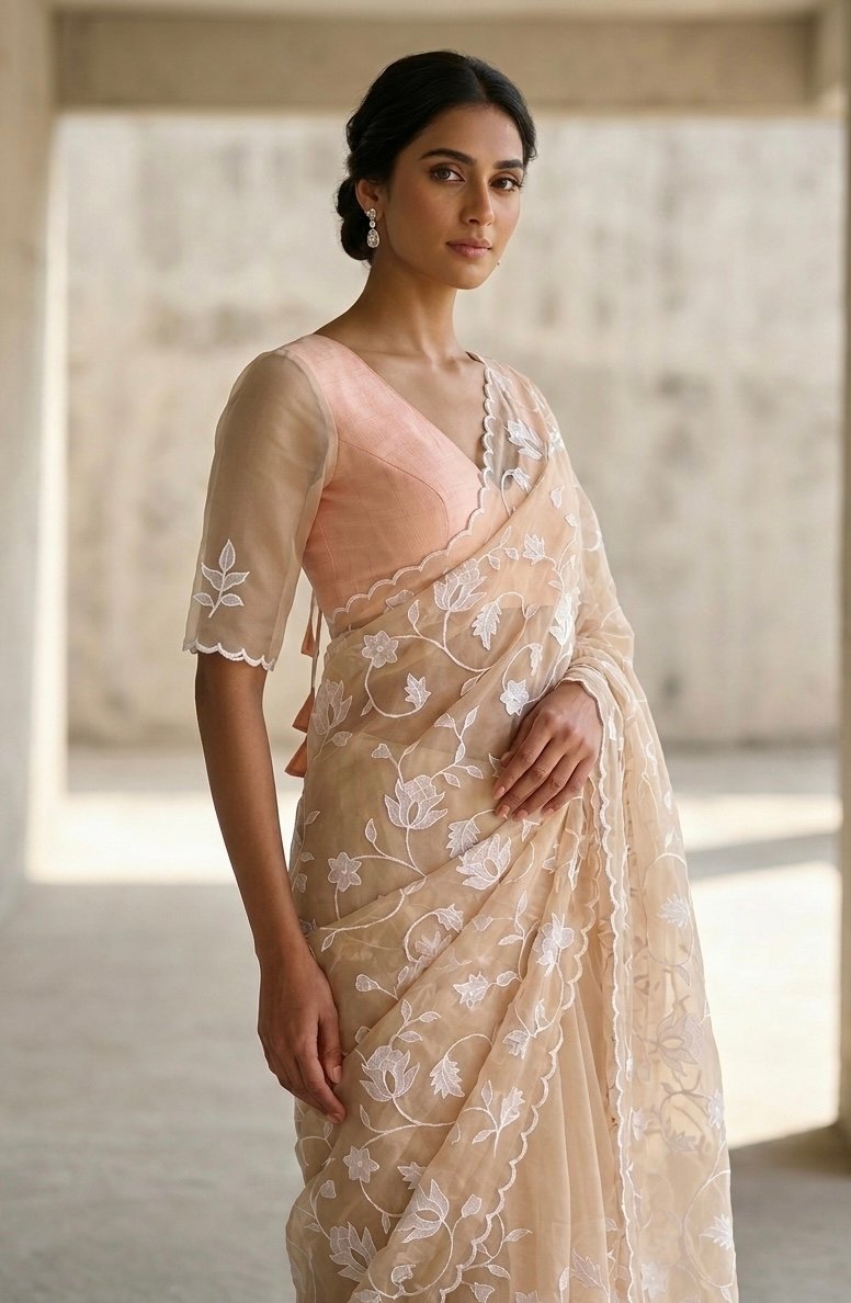 Peach Motif Tissue Saree