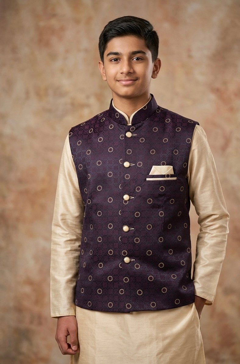 Deep Jewel-Tone Woven Motif Festive Kurta and Pajama Set