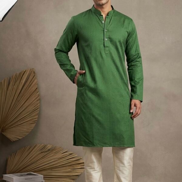 Dark Green Textured Band Collar Kurta