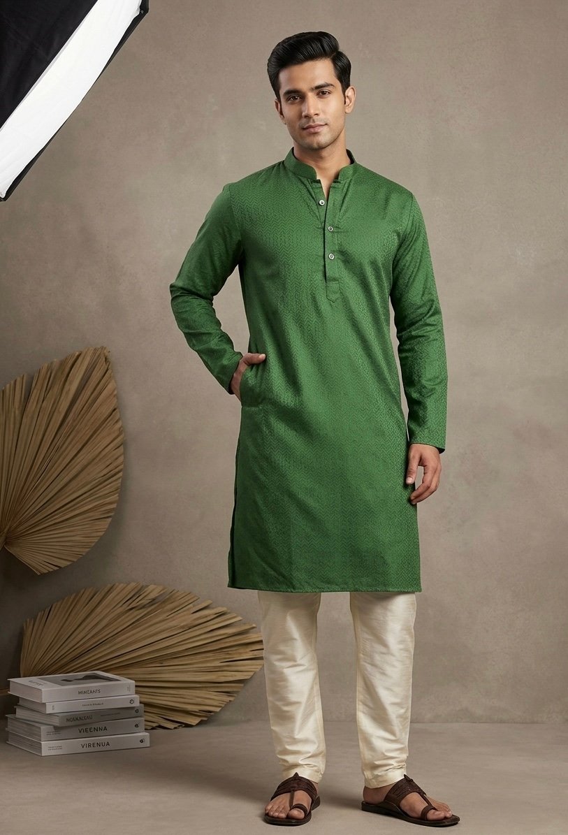 Dark Green Textured Band Collar Kurta