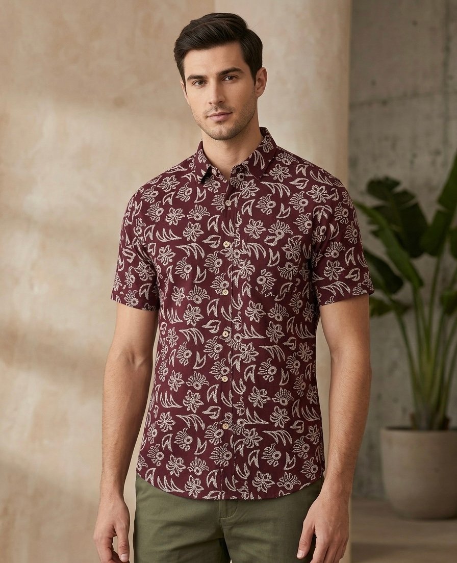 Burgundy Floral Short Sleeve Shirt