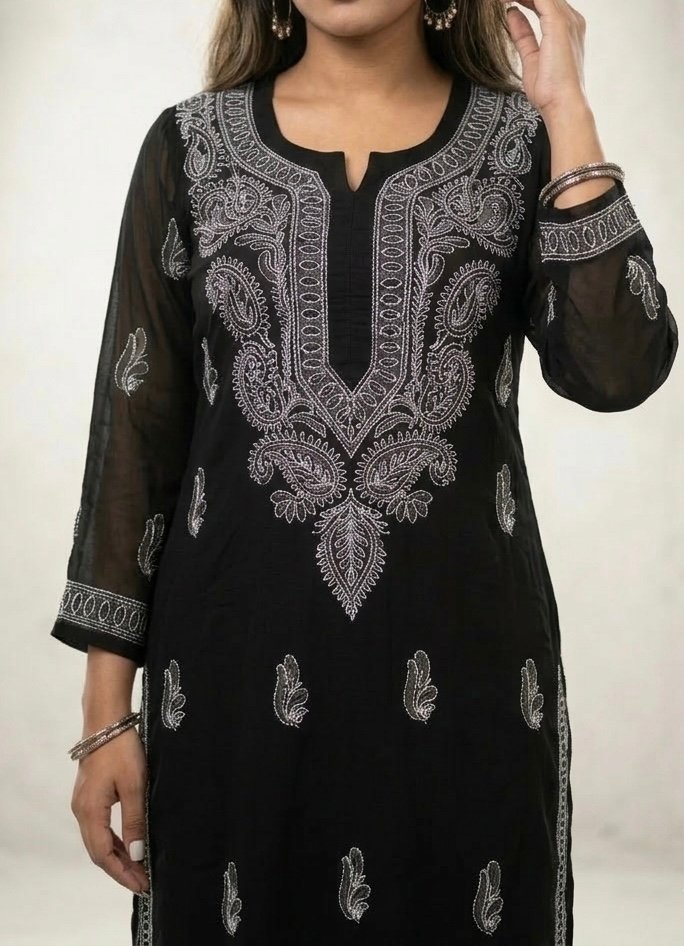 Black Chickankari Georgetta Kurti