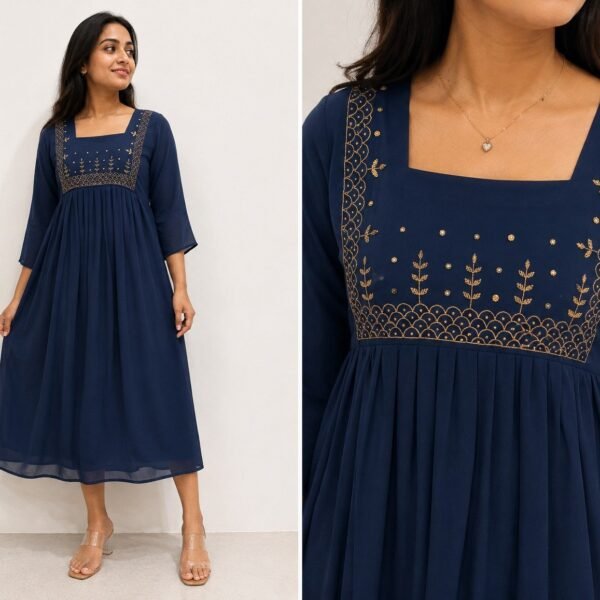 Ink Blue Georgette Embroidered Yoke Kurtha - Size M