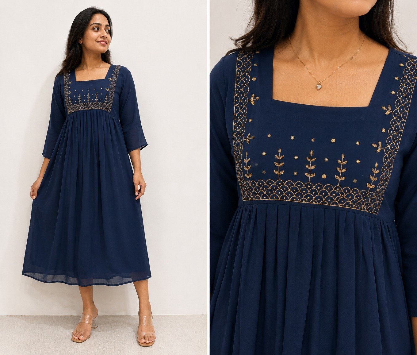 Ink Blue Georgette Embroidered Yoke Kurtha - Size M