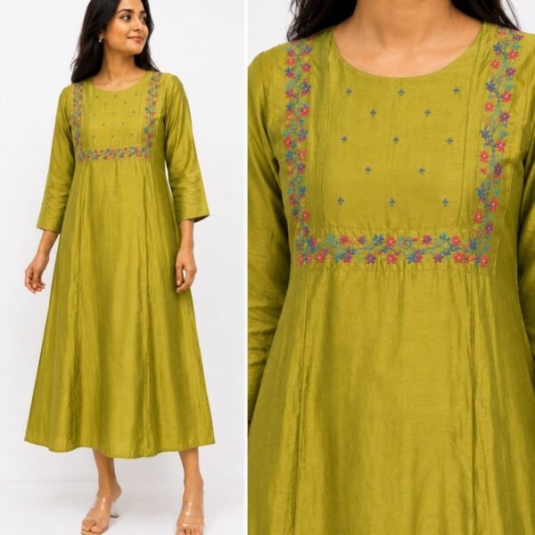 Olive Green Embroidered Yoke Kurtha - Size M