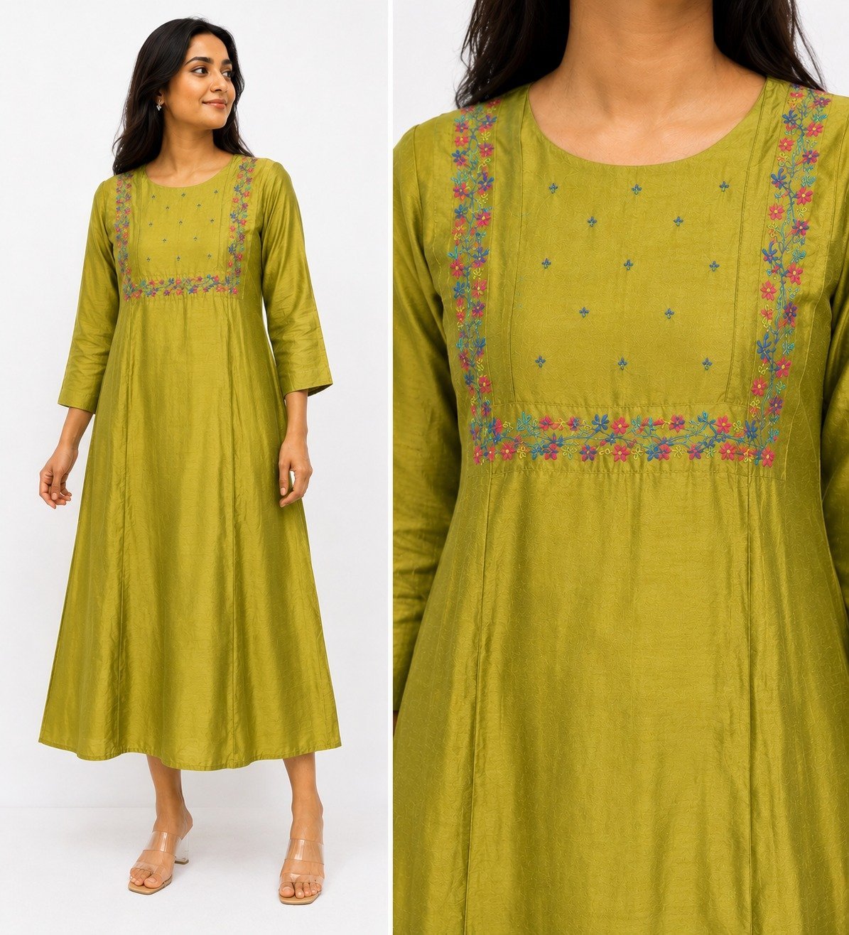 Olive Green Embroidered Yoke Kurtha - Size M