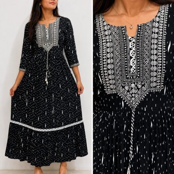 Black & White Ikat Print Embroidered Kurtha with Tiered Hem - Size M