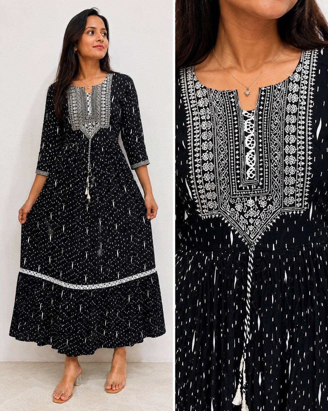 Black & White Ikat Print Embroidered Kurtha with Tiered Hem - Size M