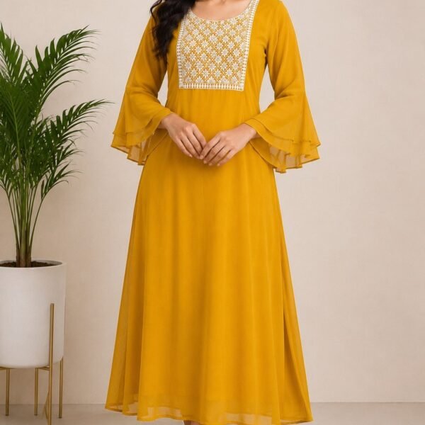 Mustard Yellow Embroidered A-Line Kurti - Size M