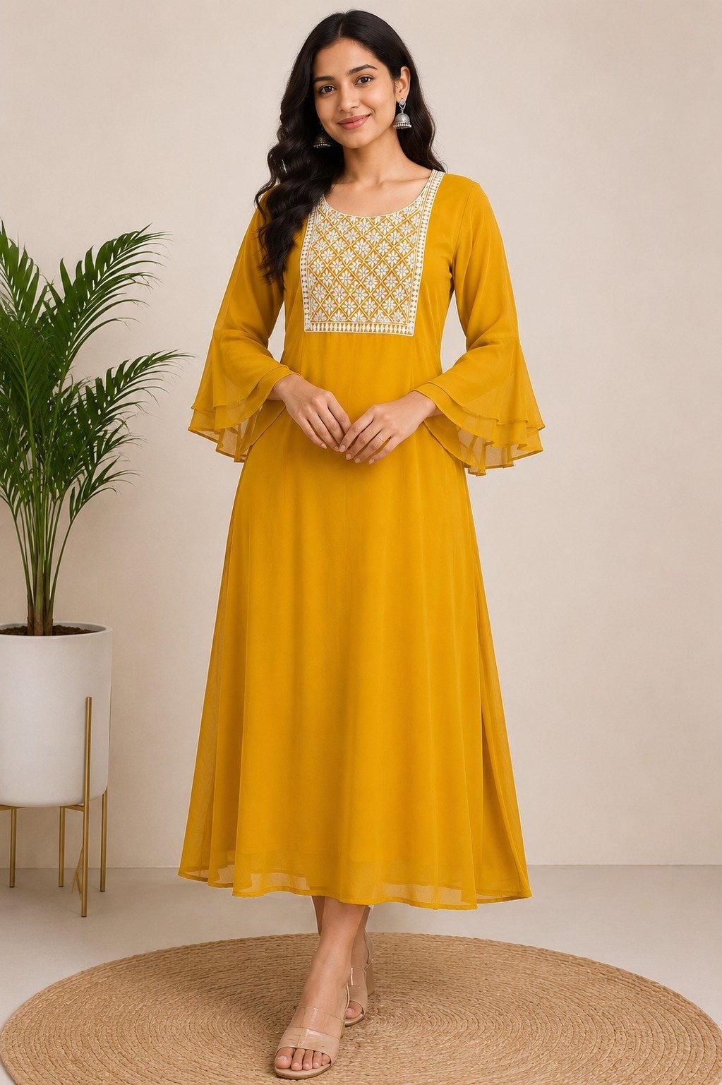 Mustard Yellow Embroidered A-Line Kurti - Size M