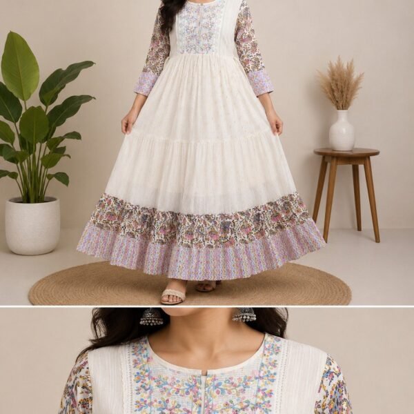 Off-White Printed Tiered Anarkali Kurti - Size M