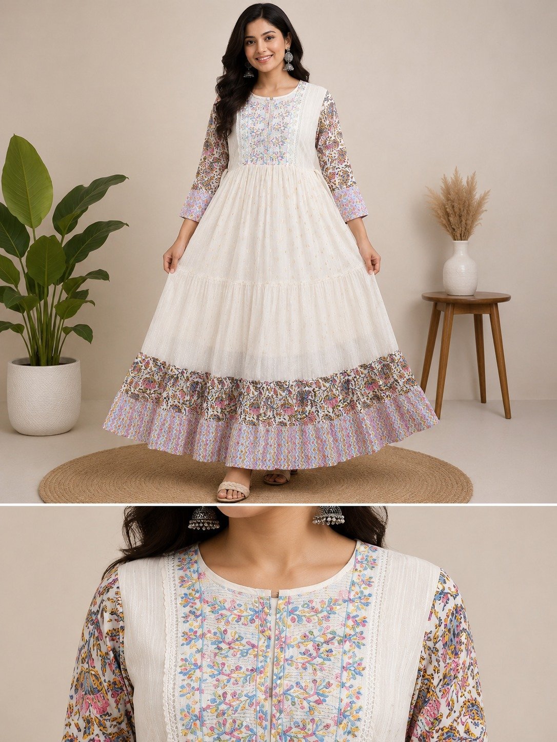 Off-White Printed Tiered Anarkali Kurti - Size M