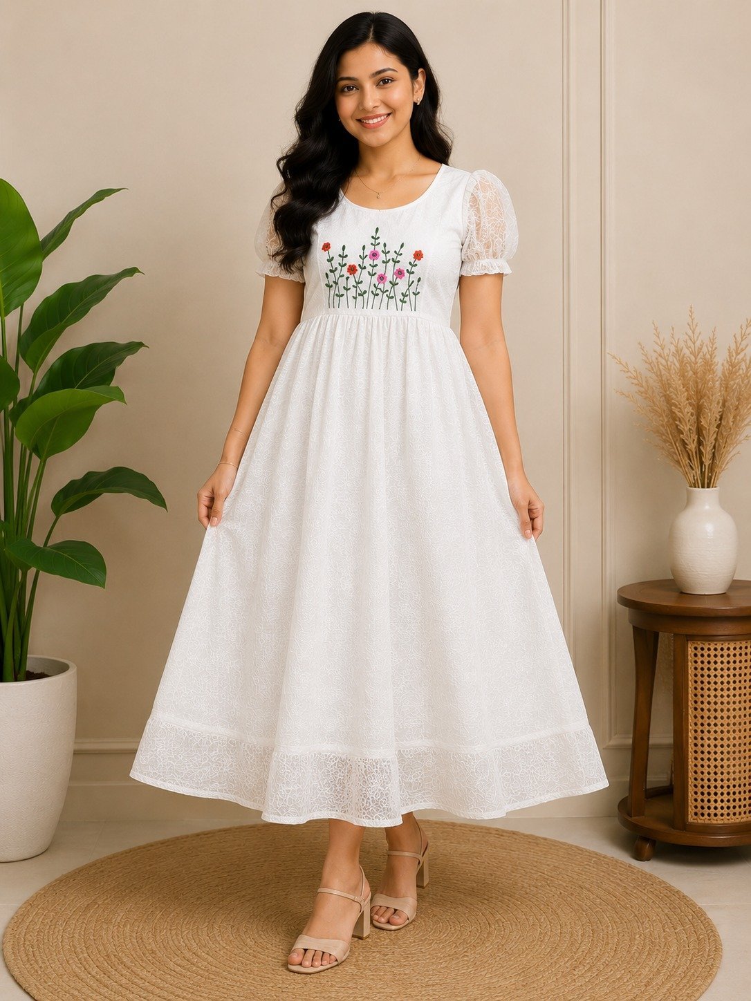 Off-White Embroidered A-Line Dress - Size M - Image 2