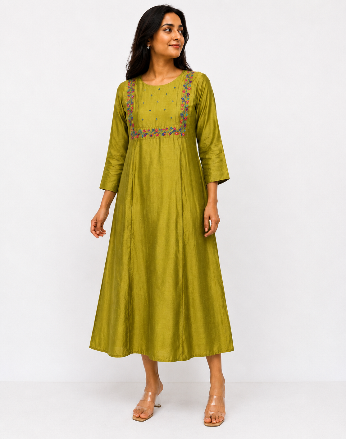 Olive Green Embroidered Yoke Kurtha - Size M - Image 2