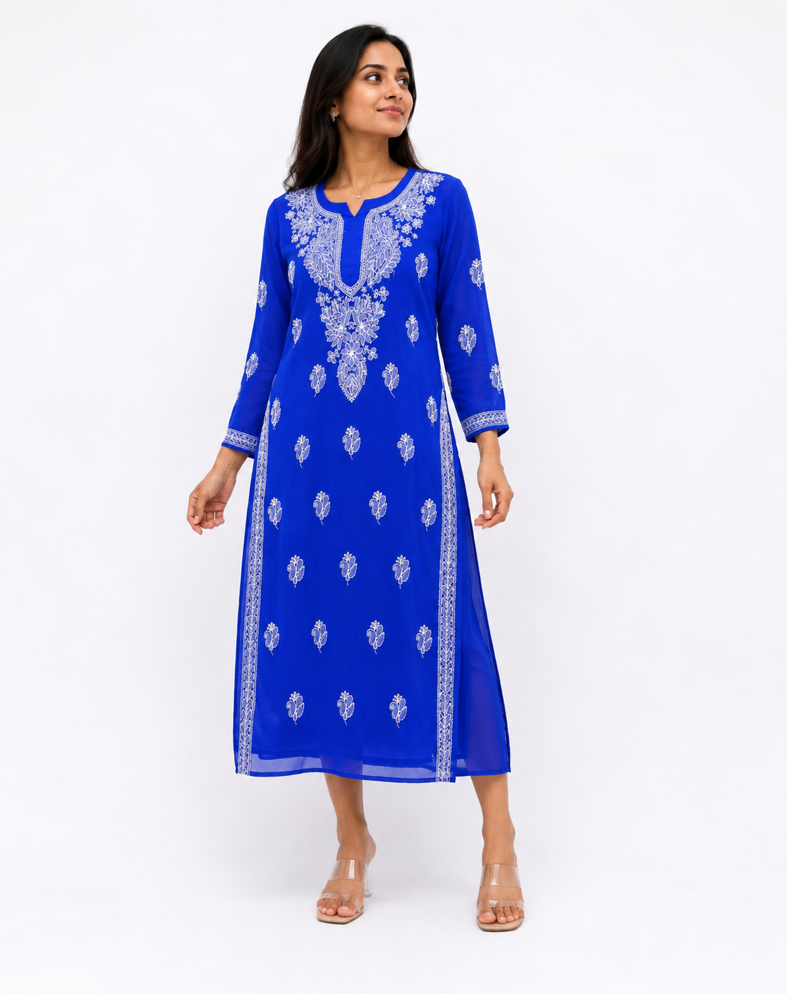 Royal Blue Chikankari Embroidered Kurtha - Size M - Image 2