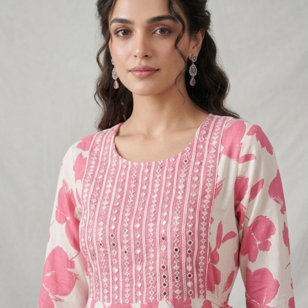 Blossom Pink & Ivory Floral Anarkali Maxi Dress with Mirror-Work Yoke