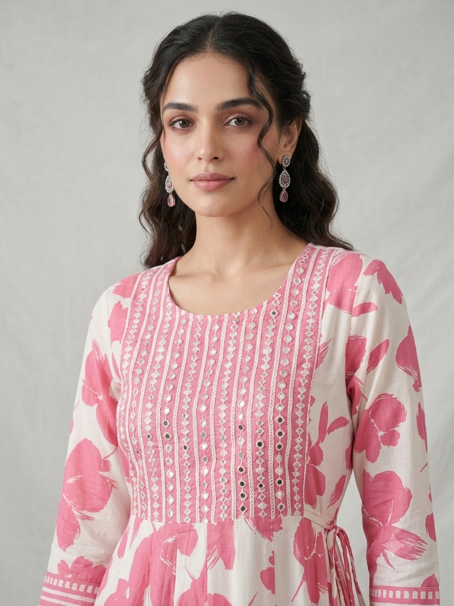 Blossom Pink & Ivory Floral Anarkali Maxi Dress with Mirror-Work Yoke