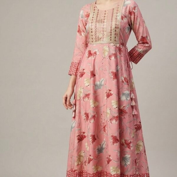Dusty Rose Floral Anarkali Maxi Dress with Embroidered Gota Yoke