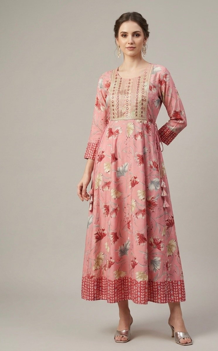 Dusty Rose Floral Anarkali Maxi Dress with Embroidered Gota Yoke