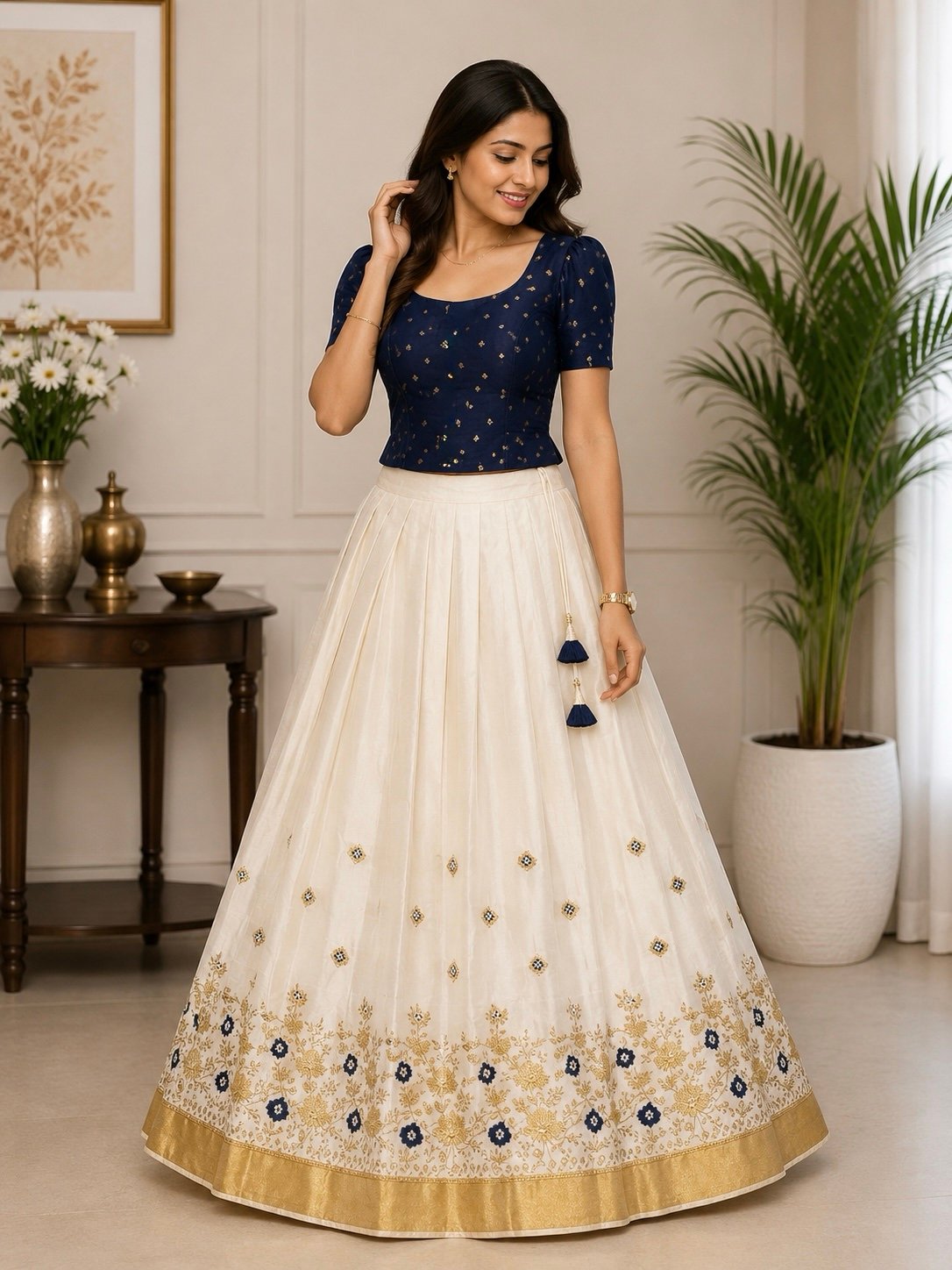 Navy Blue and Cream Floral Ethnic Set