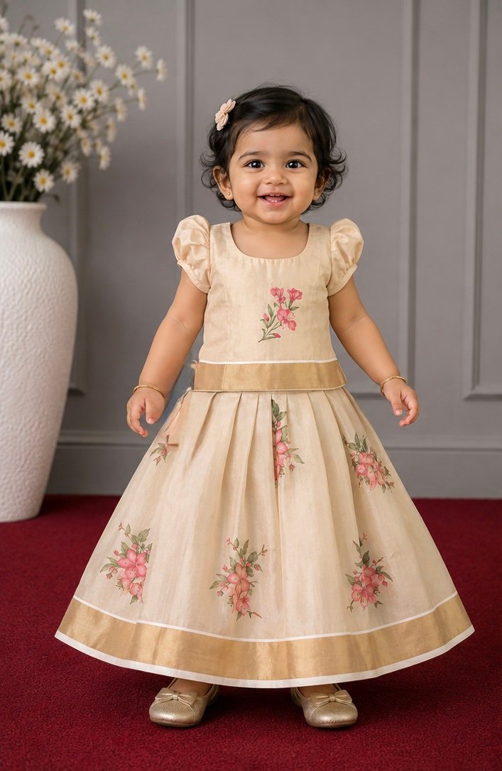 Floral Cream Traditional Pattu Pavada