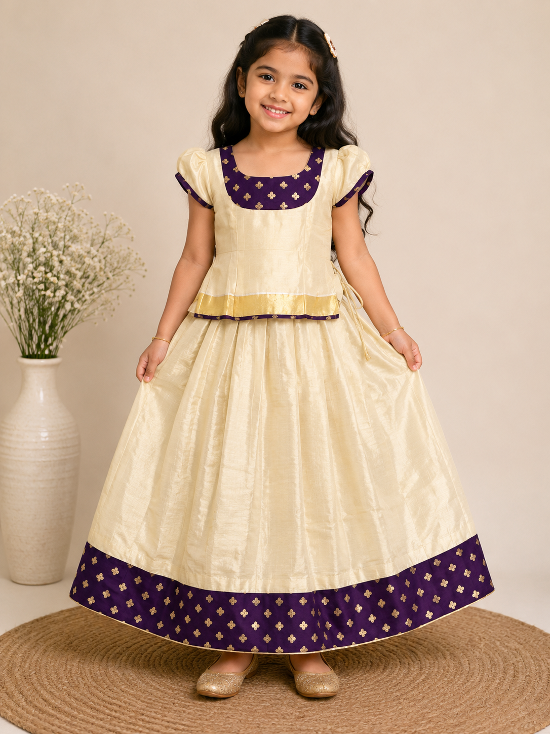 Cream & Purple Traditional Pattu Pavada