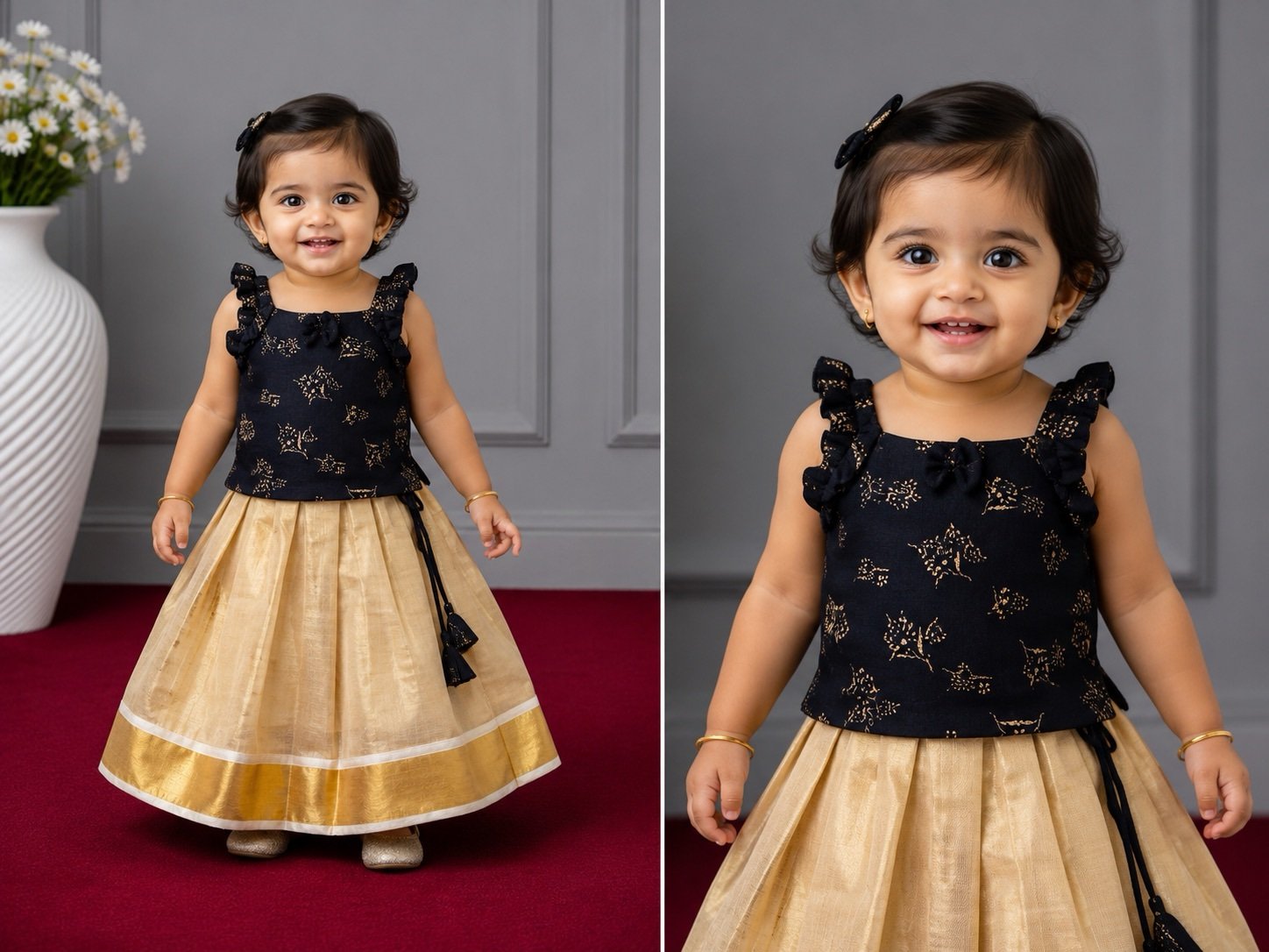 Blue & Gold Ruffled Pattu Pavada