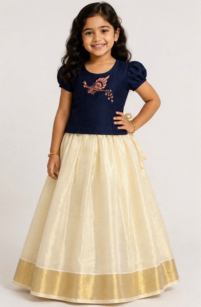 Navy Blue & Cream Peacock Motif Pattu Pavada