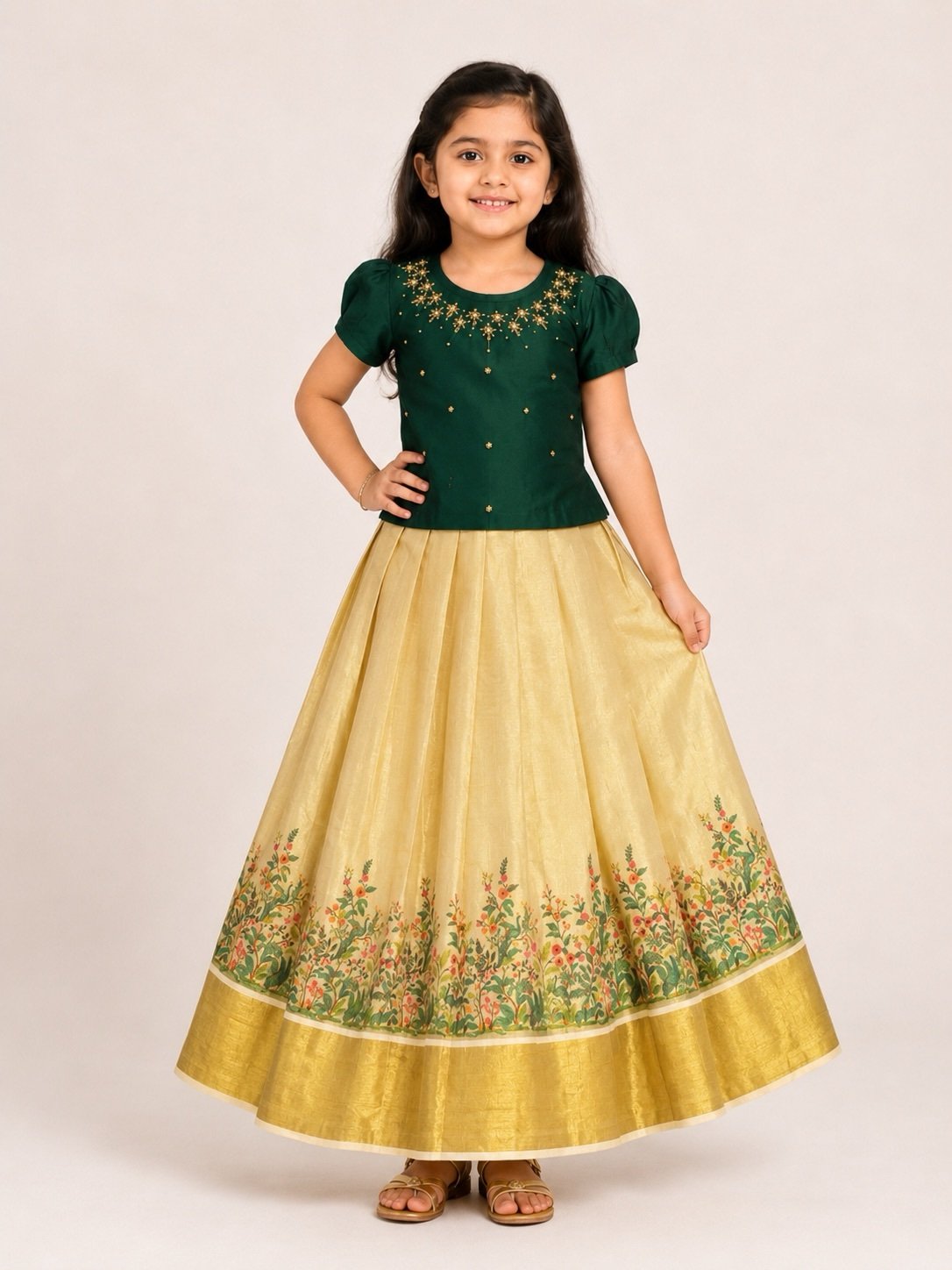 Green & Gold Floral Pattu Pavada