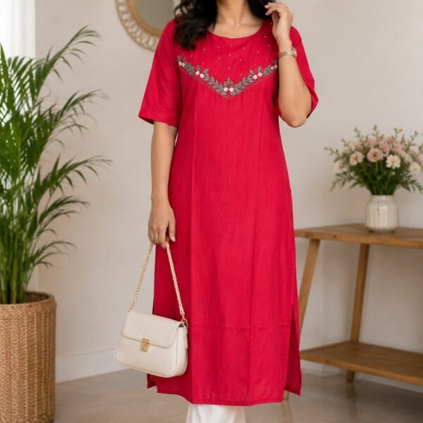 This raspberry pink  kurti comfort with charm. A floral V-embroidered neckline and subtle beadwork add a festive touch to an easy straight-cut fit. Style it traditional with white leggings and gold jhumkas, or go Indo-western with jeans and flats.