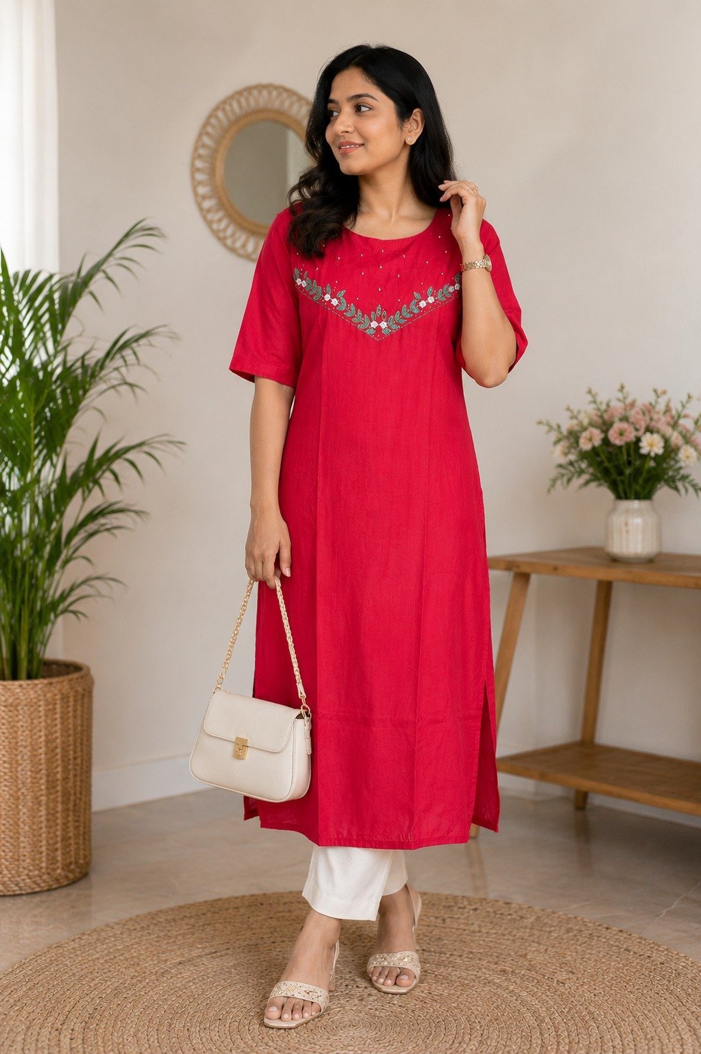 This raspberry pink  kurti comfort with charm. A floral V-embroidered neckline and subtle beadwork add a festive touch to an easy straight-cut fit. Style it traditional with white leggings and gold jhumkas, or go Indo-western with jeans and flats.