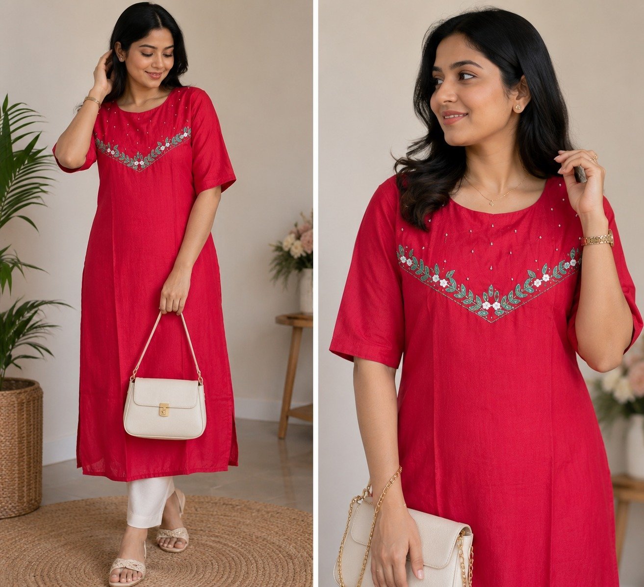 This raspberry pink kurti comfort with charm. A floral V-embroidered neckline and subtle beadwork add a festive touch to an easy straight-cut fit. Style it traditional with white leggings and gold jhumkas, or go Indo-western with jeans and flats. - Image 2