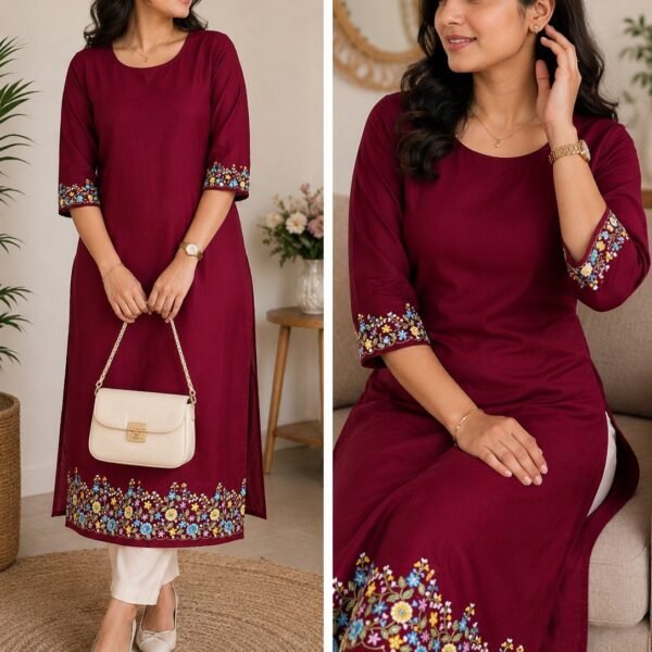 Maroon Georgette Kurti with Floral Hem & Sleeve Embroidery