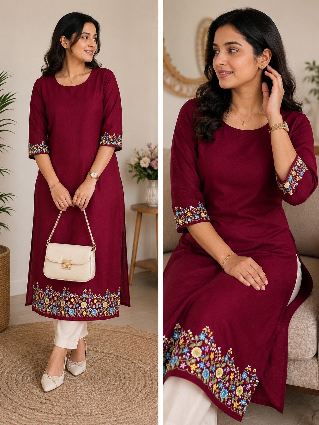 Maroon Georgette Kurti with Floral Hem & Sleeve Embroidery