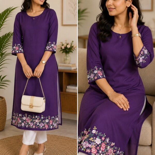 Royal Purple Georgette Kurti with Floral Border Embroiderynd heels for a chic contemporary vibe.