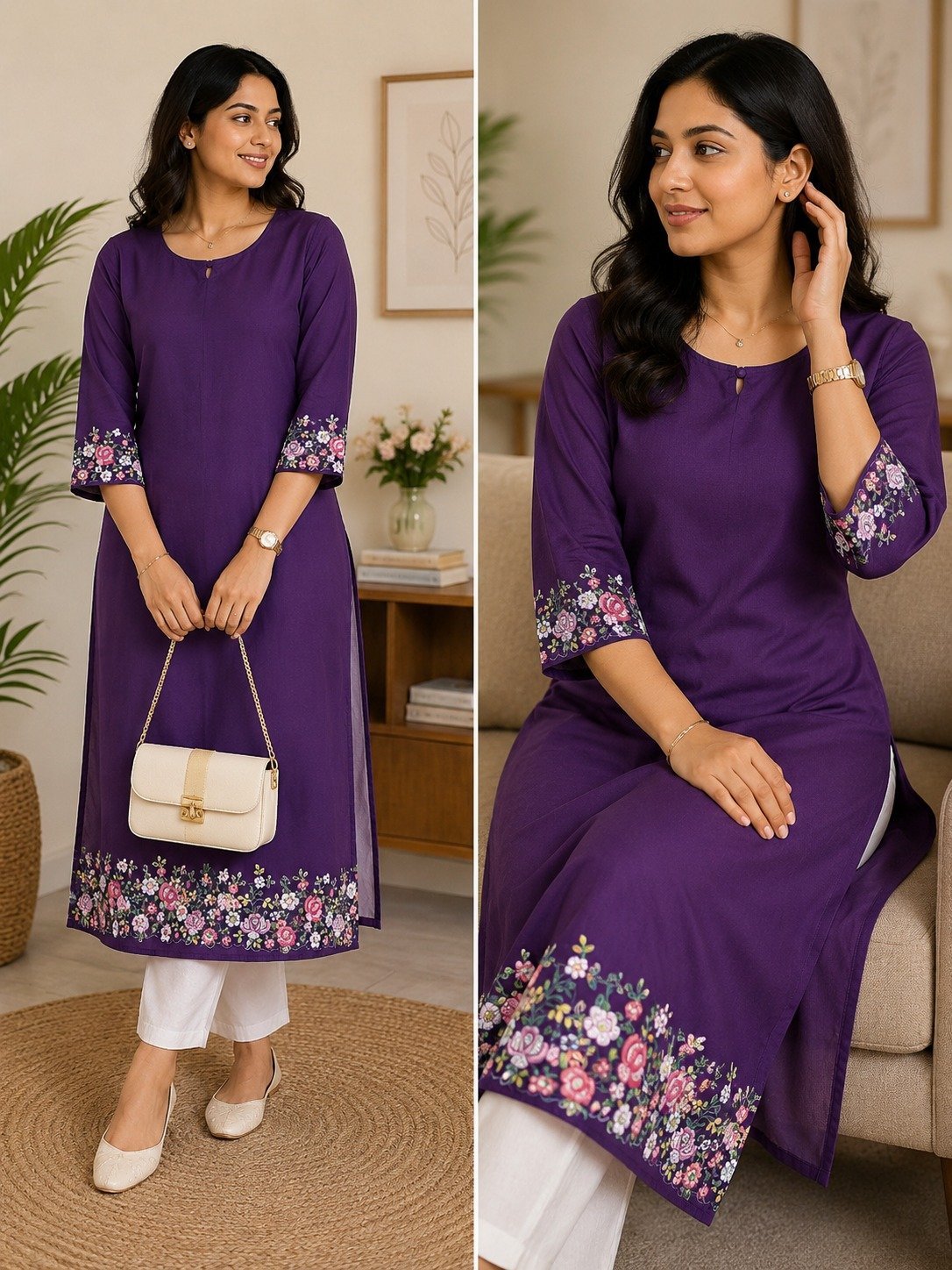 Royal Purple Georgette Kurti with Floral Border Embroiderynd heels for a chic contemporary vibe.