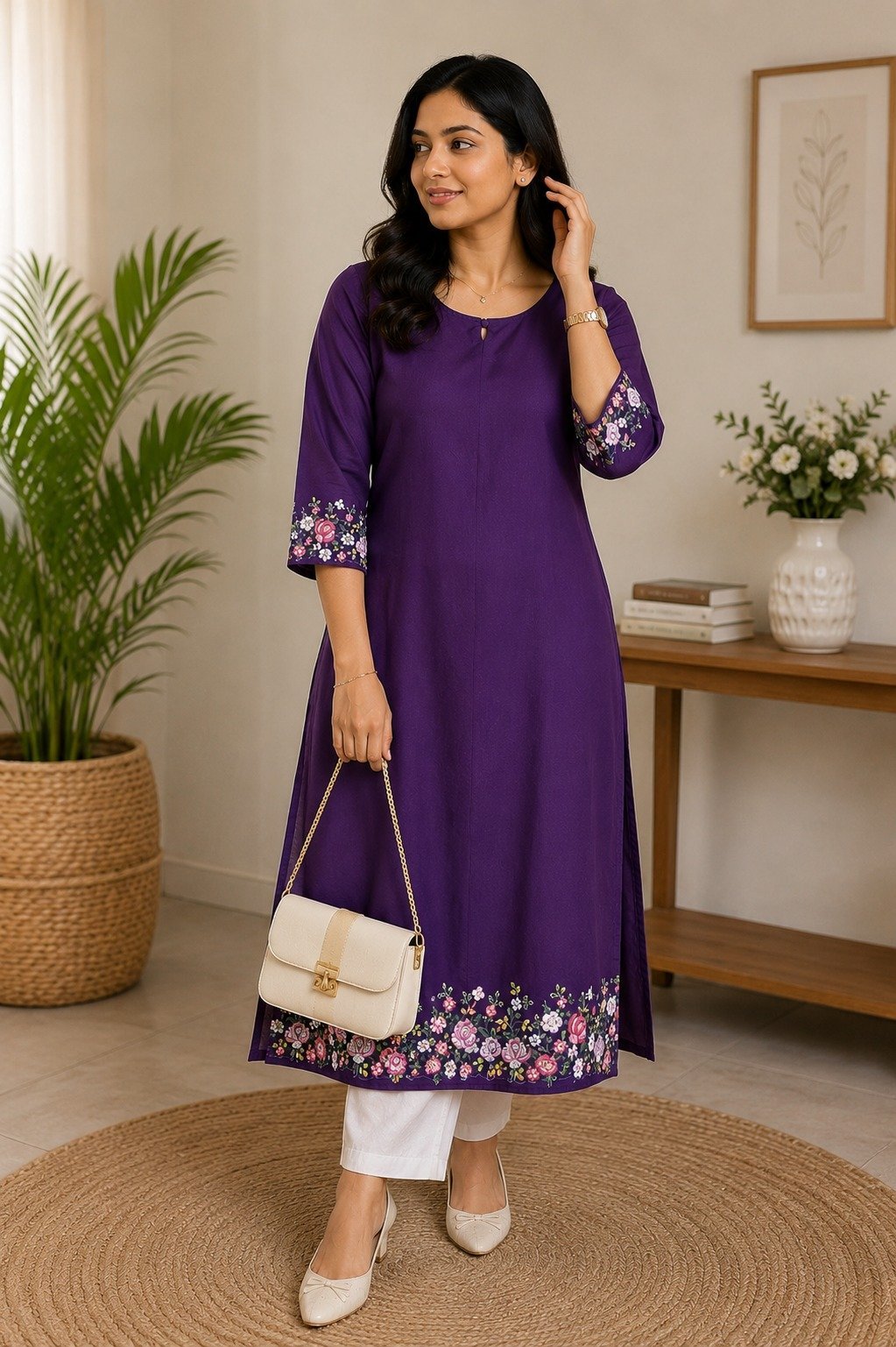 Royal Purple Georgette Kurti with Floral Border Embroiderynd heels for a chic contemporary vibe. - Image 2
