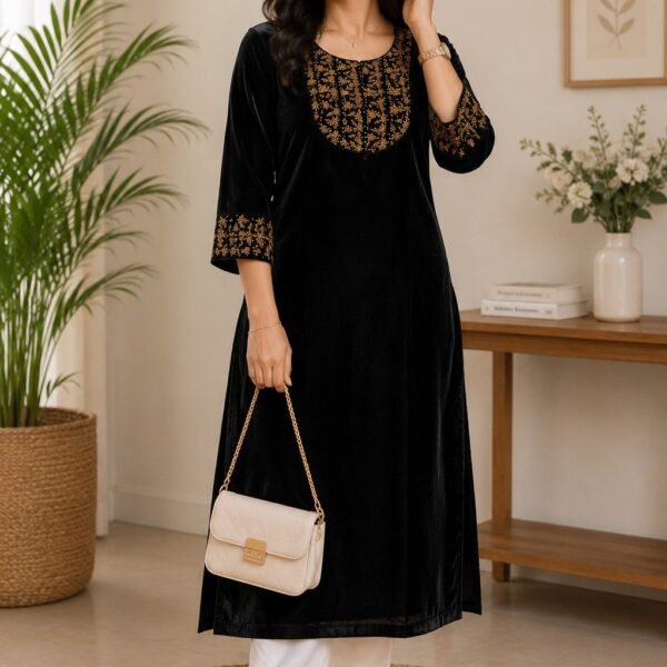 Black Velvet Kurti with Gold Embroidered Yoke & Cuffs