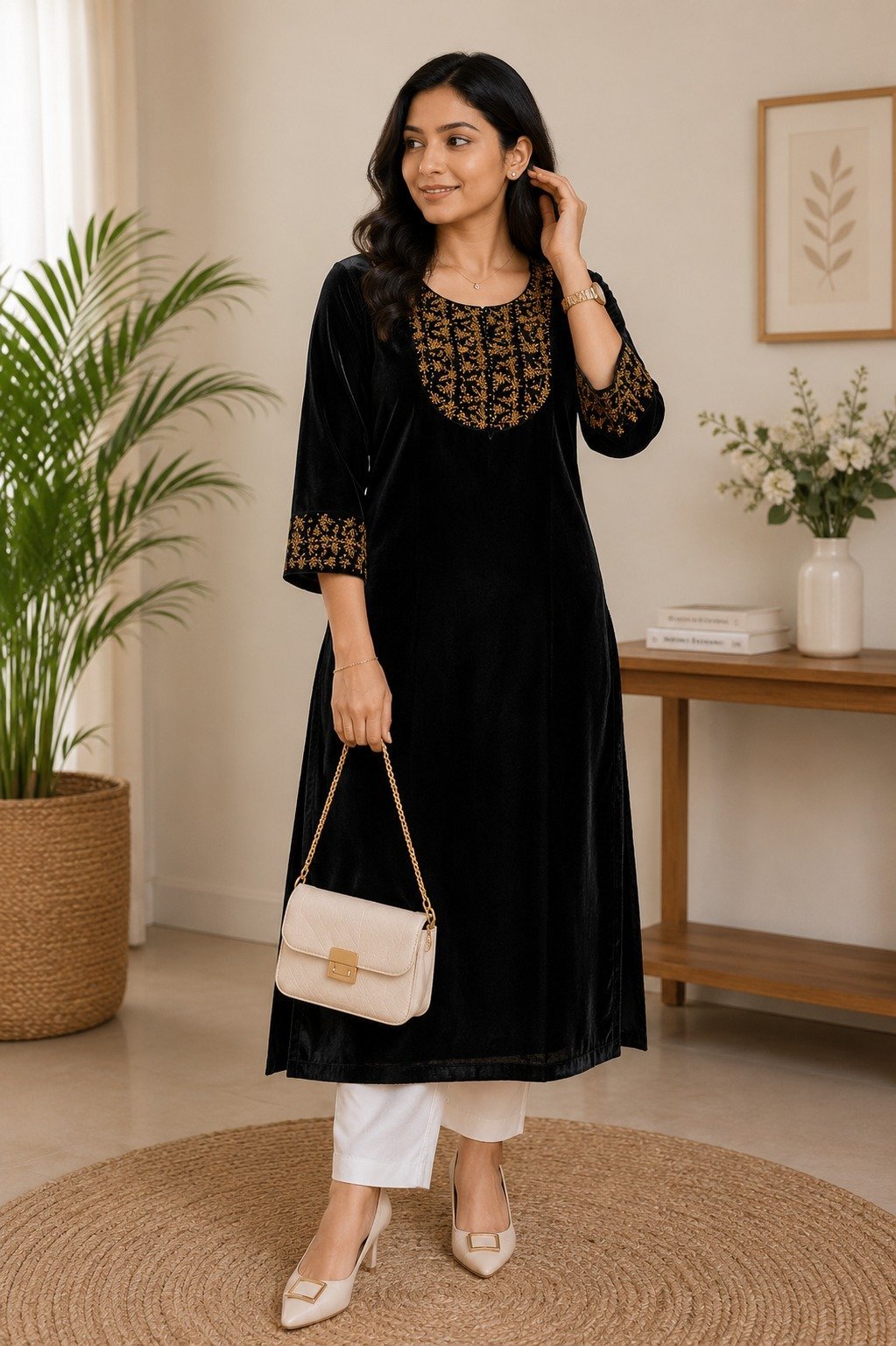 Black Velvet Kurti with Gold Embroidered Yoke & Cuffs