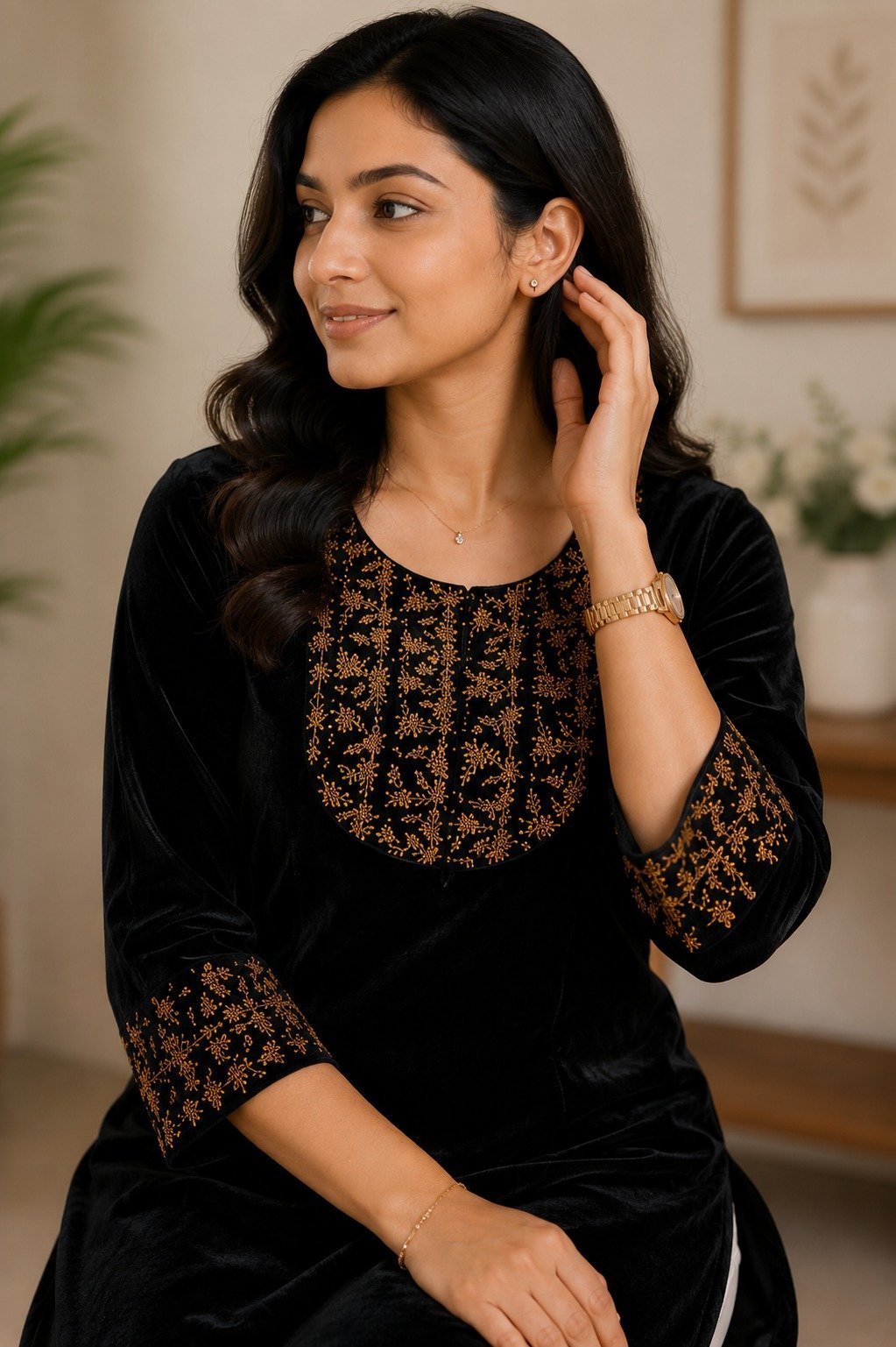 Black Velvet Kurti with Gold Embroidered Yoke & Cuffs - Image 2